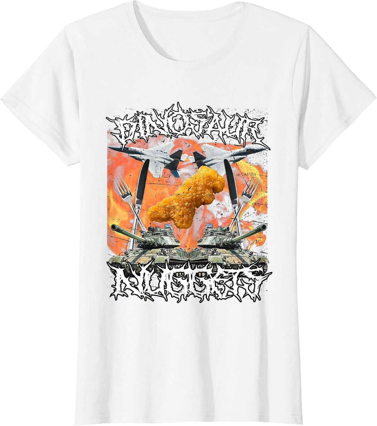 Funny Dinosaur Chicken Nugget Bootleg Hardcore Flames Meme T-Shirt - White