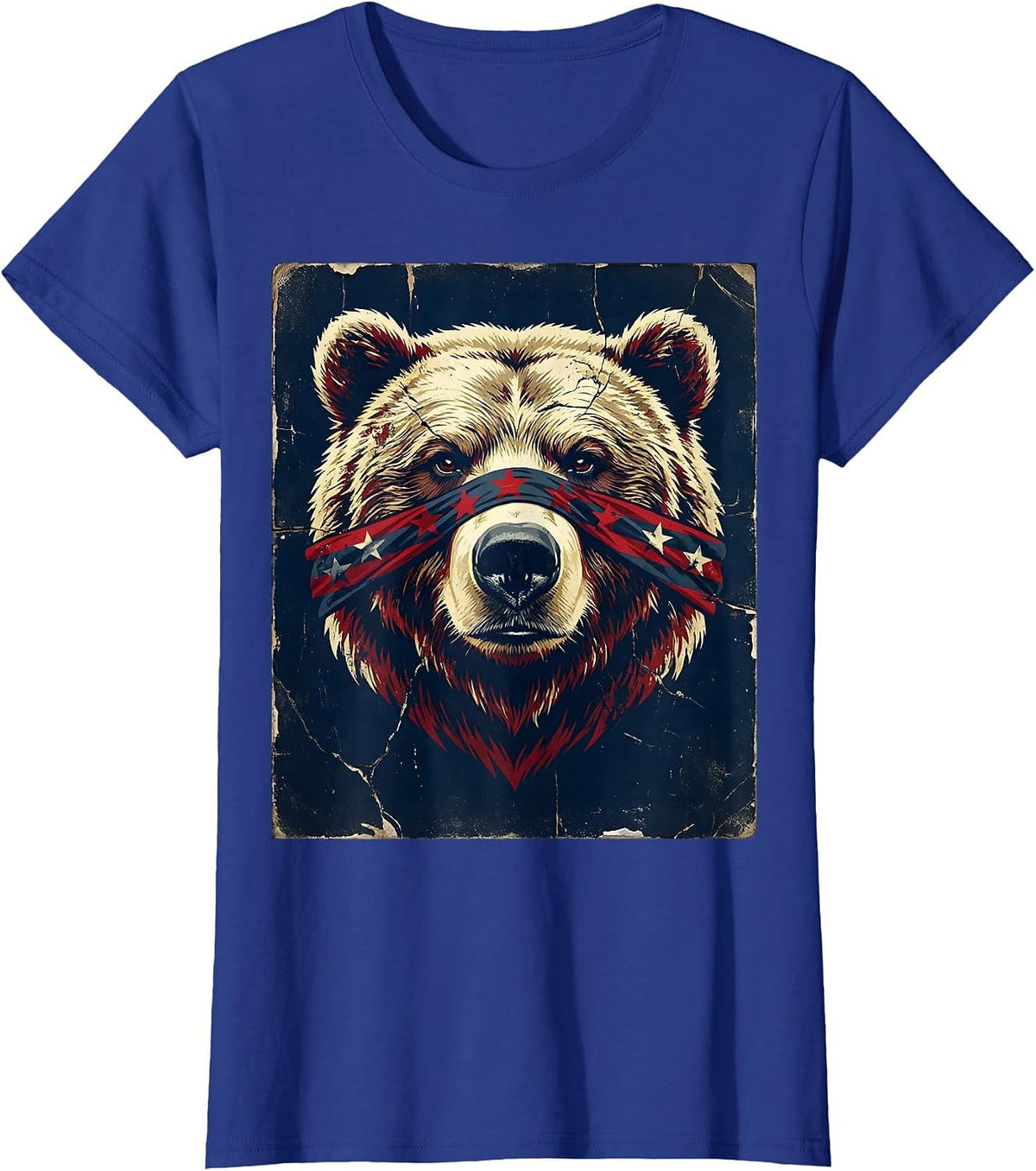 Women's Patriotic Bear Stars and Stripes Bandana Design T-Shirt - Royal Blue