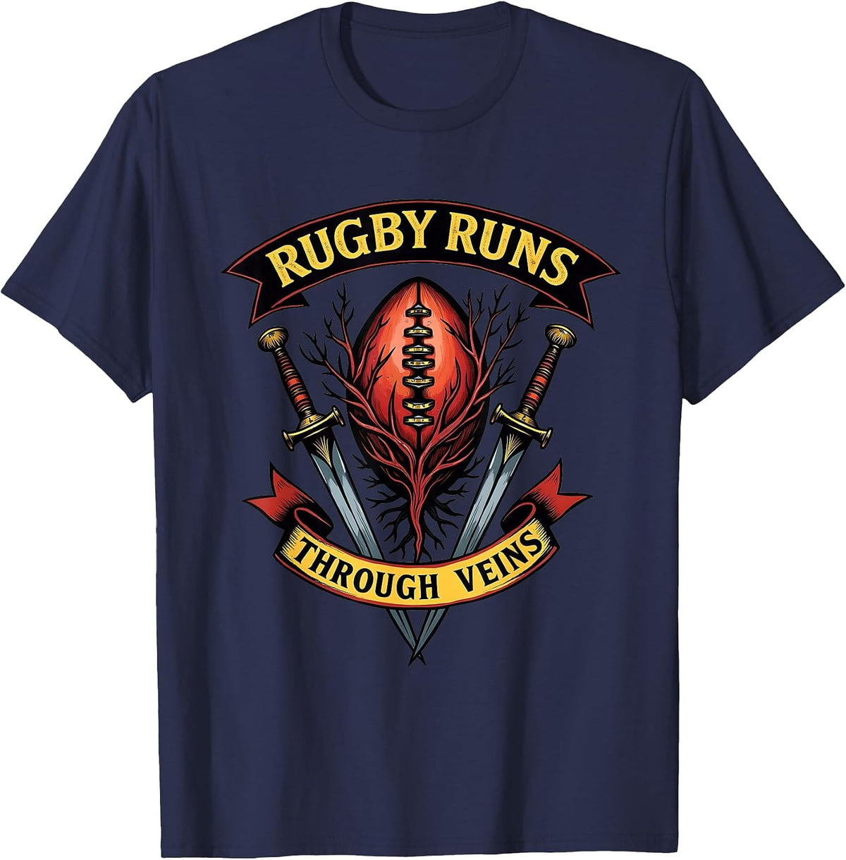 Rugby Runs Through Veins Men's Rugby Design T-Shirt - Navy Blue
