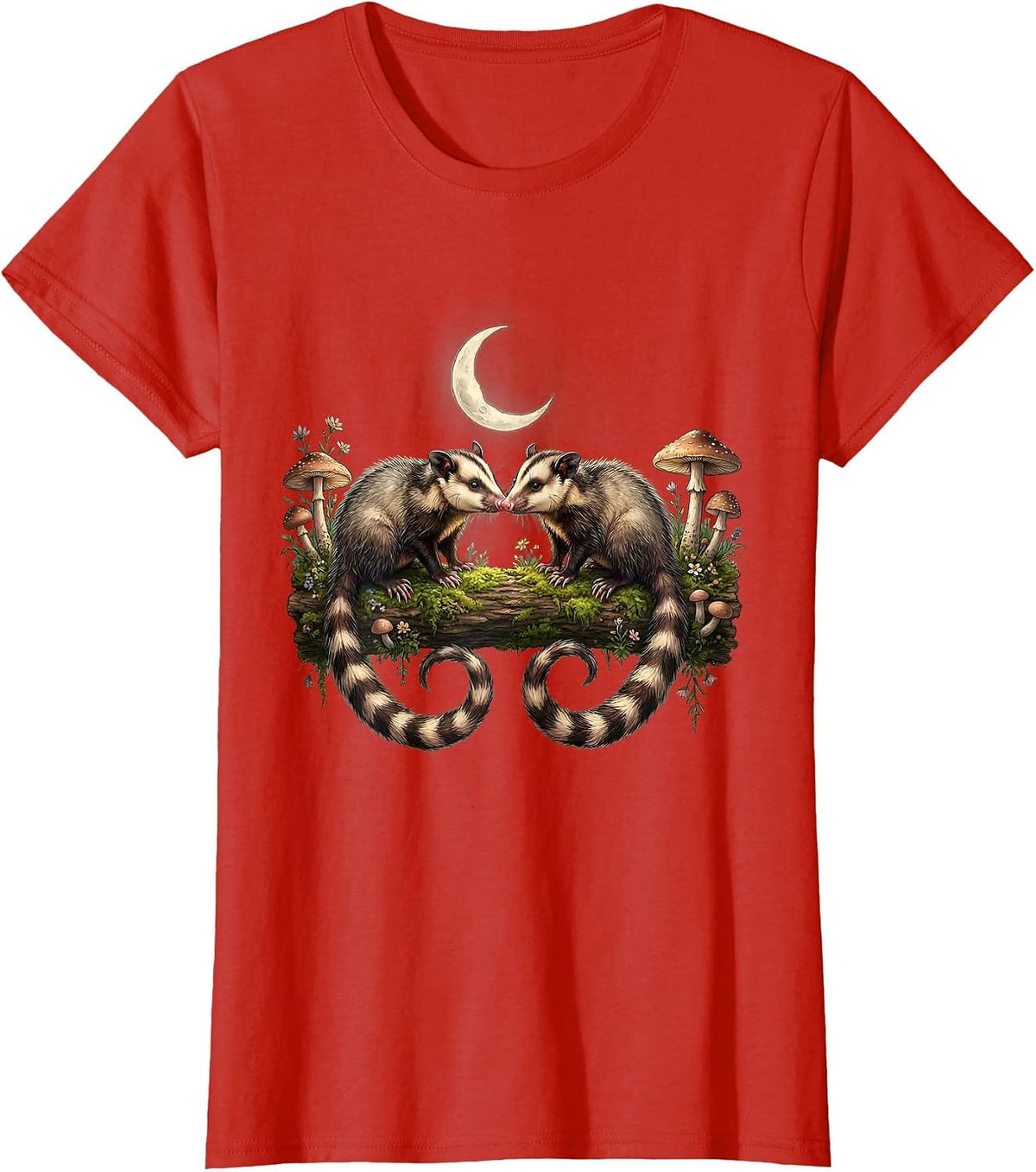 Women's Opossum Standoff on a Log Graphic Tee T-Shirt - Red