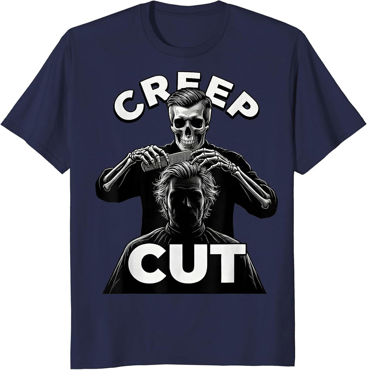 Men's Creep Cut Skeleton Hairstylist Halloween Barber Humor T-Shirt - Navy Blue
