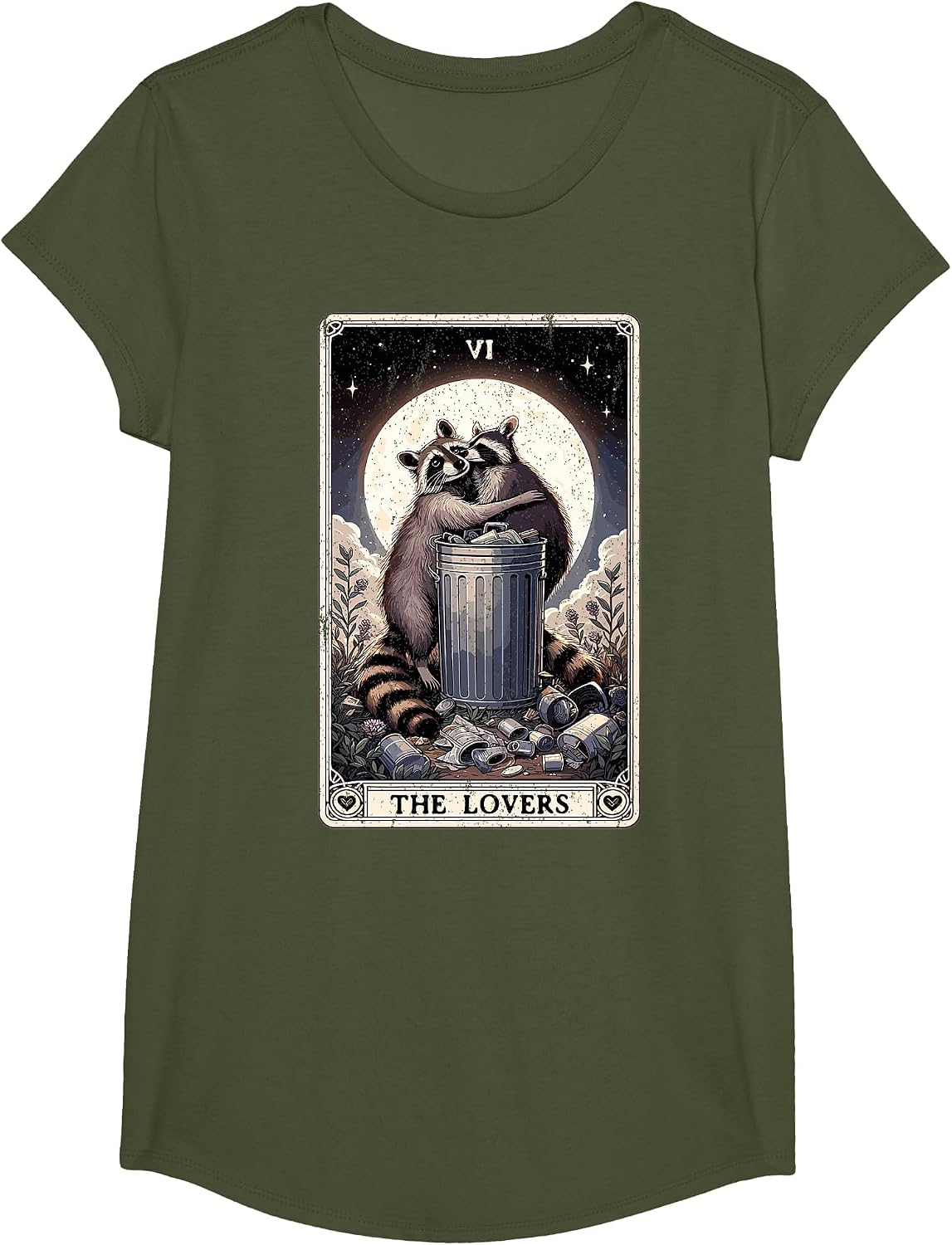 Raccoon Tarot Card The Lovers Funny Raccoon T-Shirt - Girls Olive Green