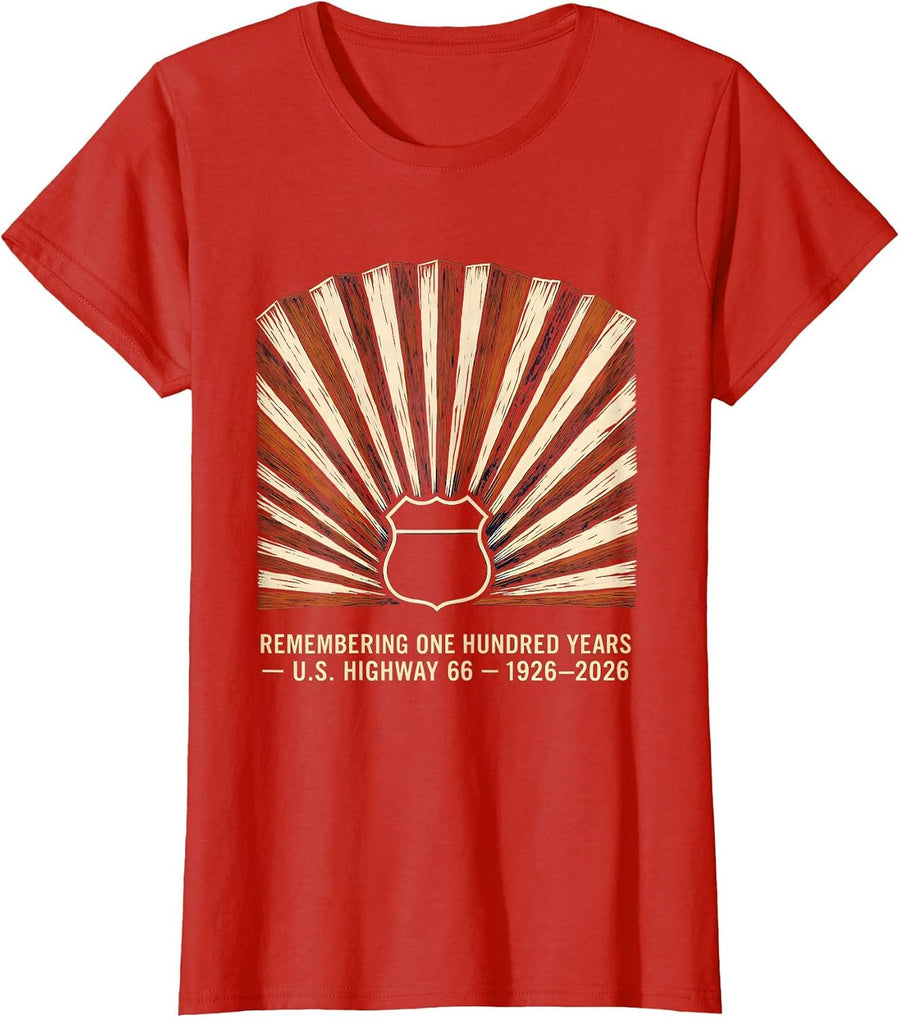 Women's Remembering One Hundred Years — U.S. Highway 66 — 1926-2026 T-Shirt - Red