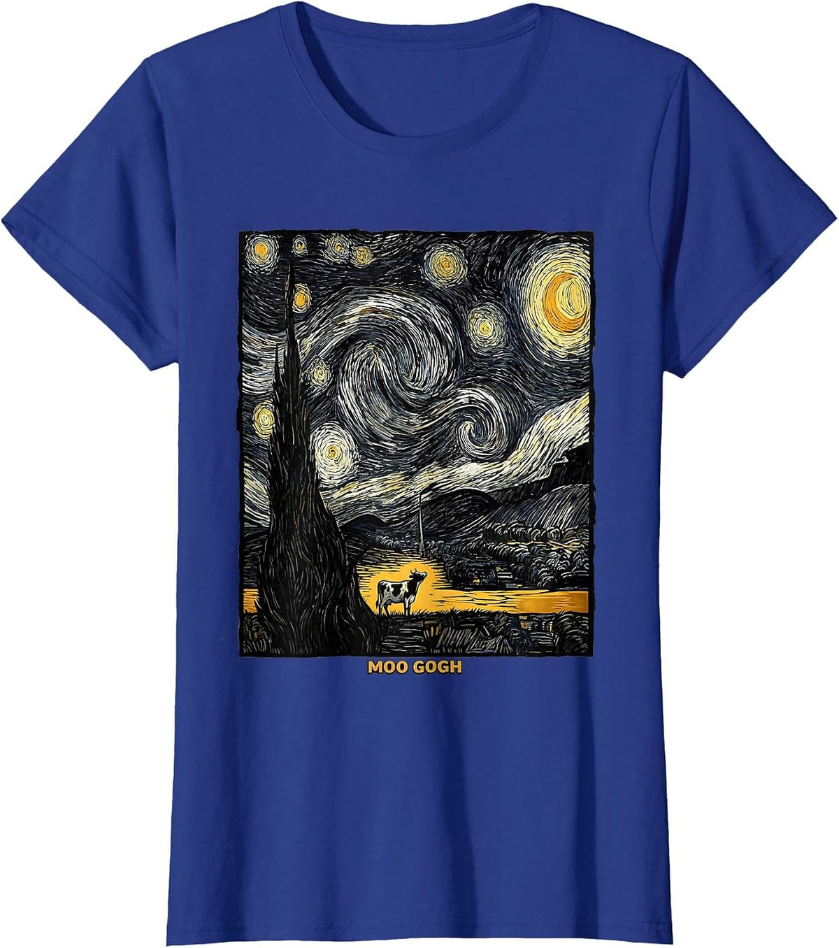 Women's Moo Gogh Whimsical Cow Art Lover Gift for Pet Owners T-Shirt - Royal Blue