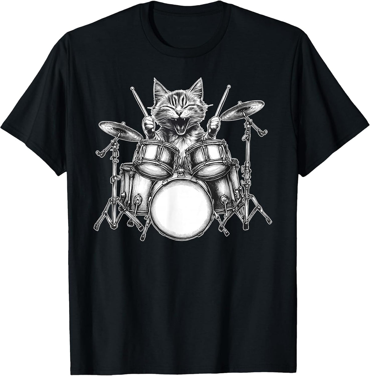 Cat Playing Drum Percussionist Drummer Rock & Roll Music T-Shirt - Black