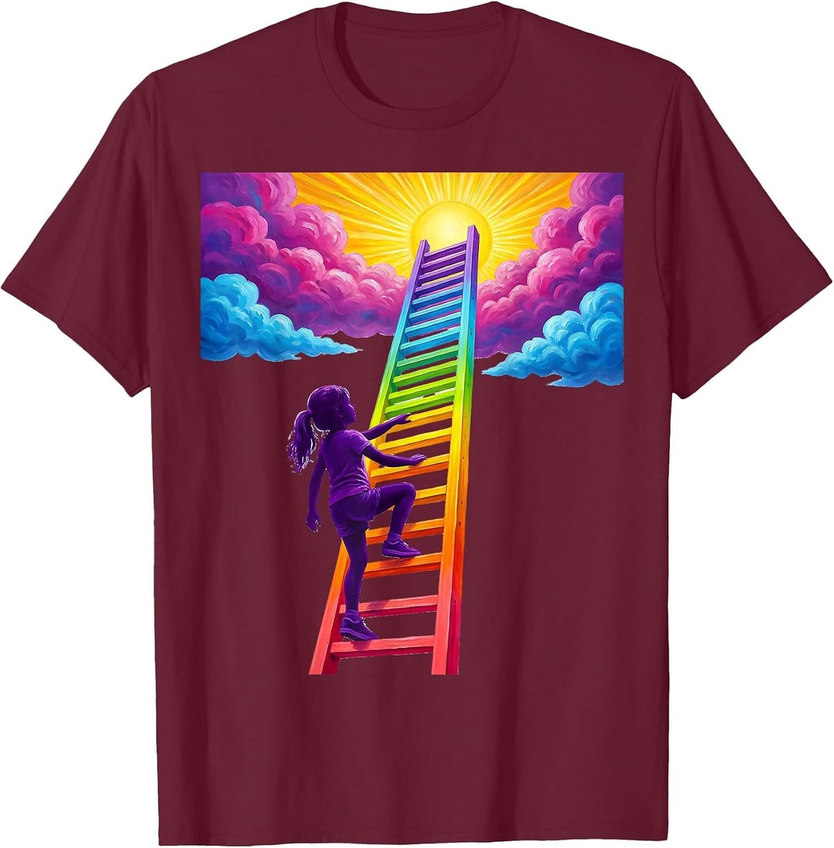 Girl Climbing Ladder to the Sky Illustration T-Shirt - Burgundy