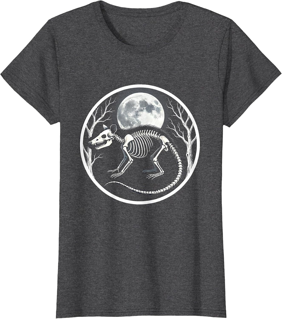 Women's Opossum Skeleton Glowing Moonlight Illustration T-Shirt - Dark Heather Grey