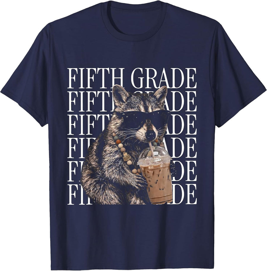 Fifth Grade Raccoon Iced Coffee Sunglasses Teacher Students T-Shirt - Navy Blue