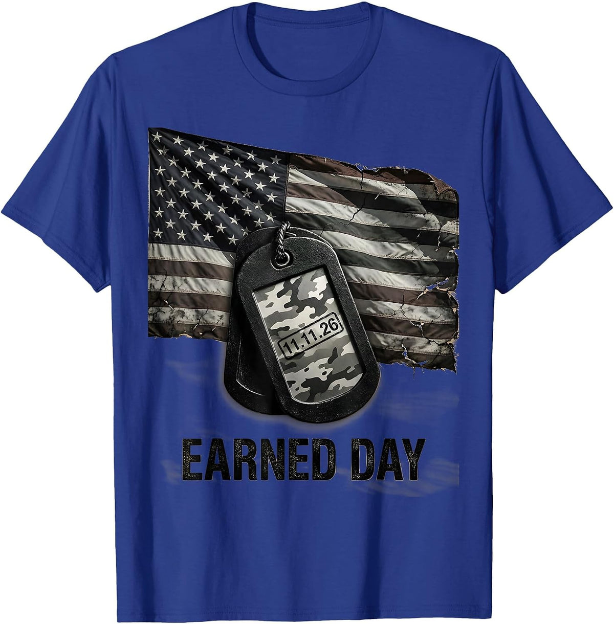 Earned Day Distressed Military Veteran Patriotic T-Shirt - Royal Blue