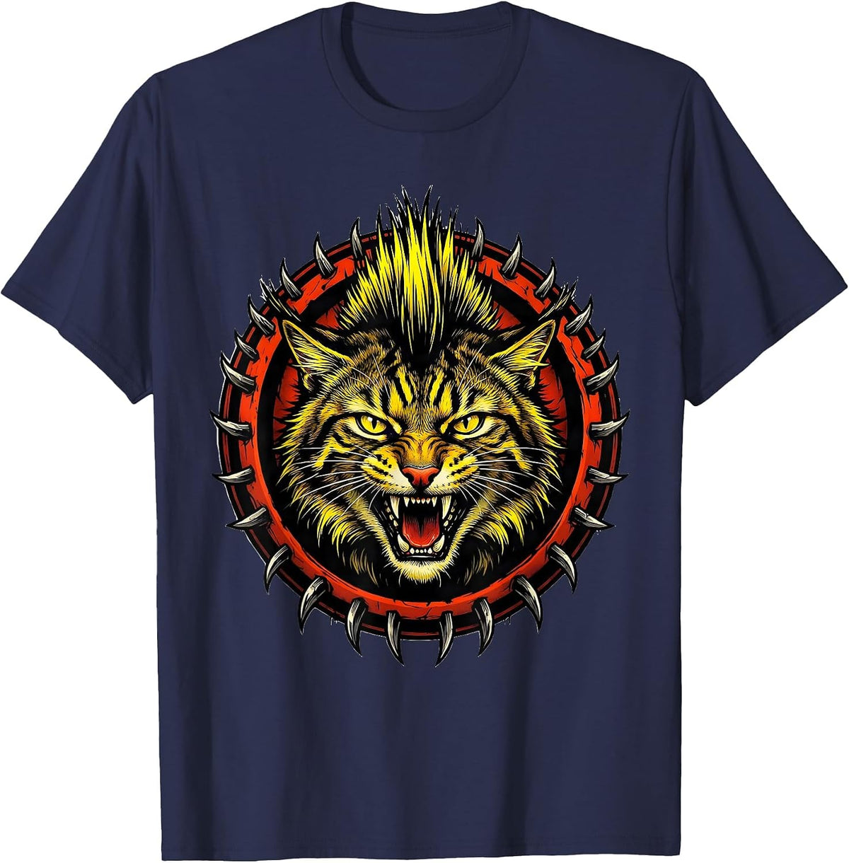 Neon Mohawk Wild Cat Punk Graphic Tee T-Shirt - Navy Blue
