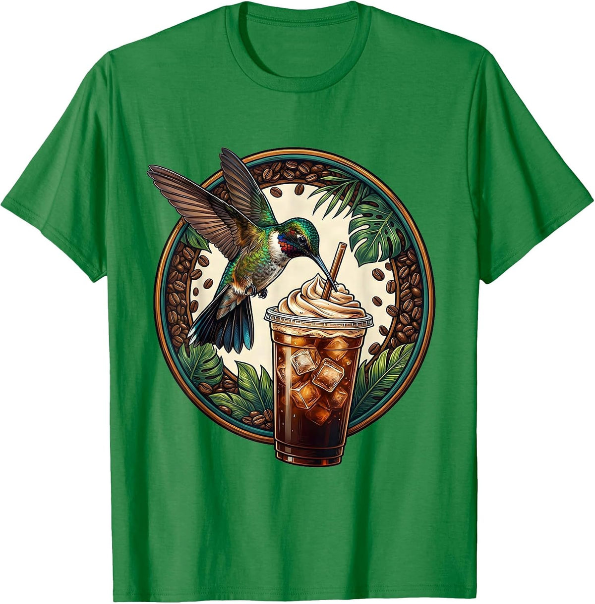 Men's Hummingbird Iced Coffee Lover Graphic Tee T-Shirt - Kelly Green