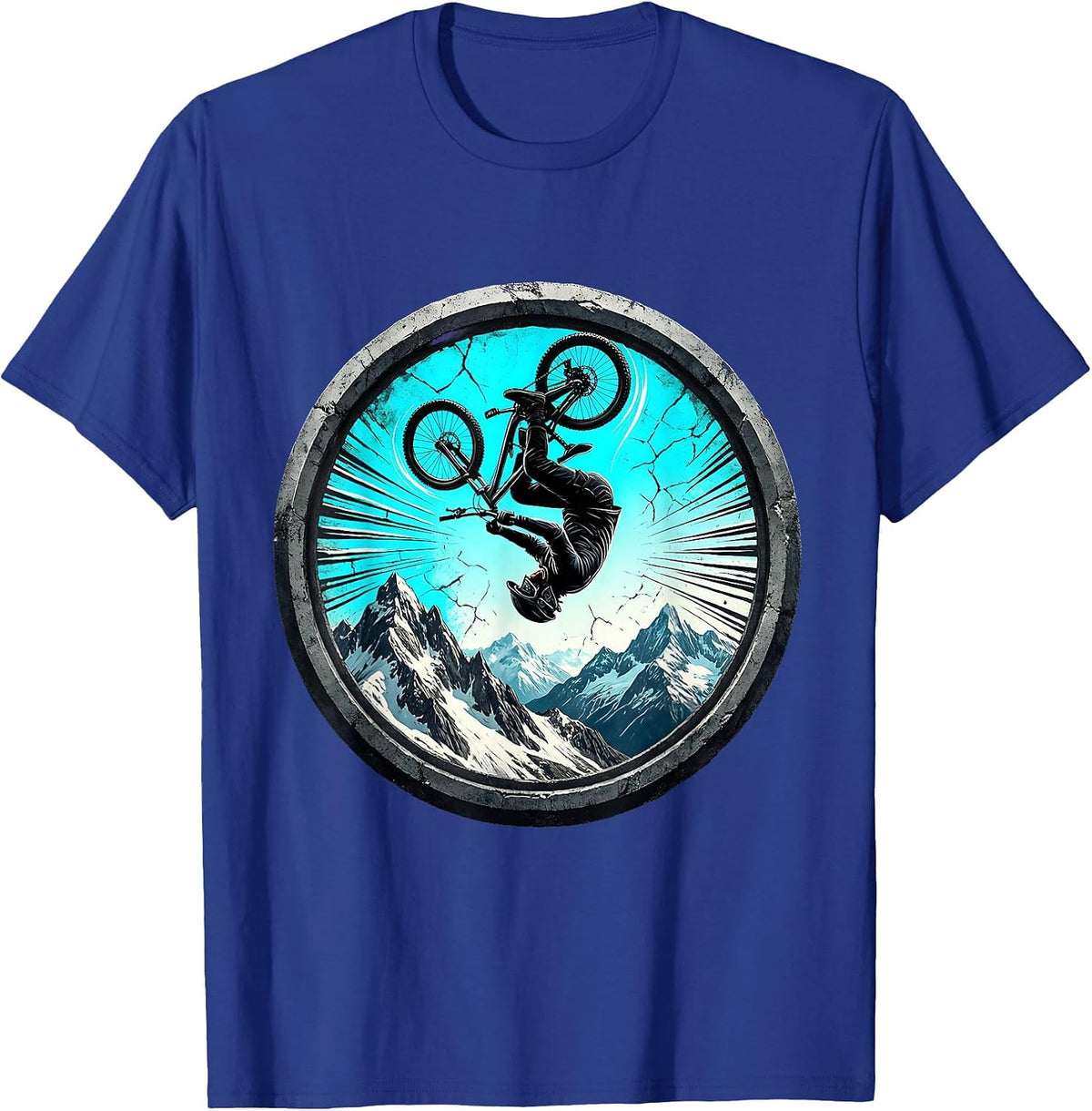 Mountain Bike Backflip Snowy Peaks Graphic T-Shirt - Royal Blue