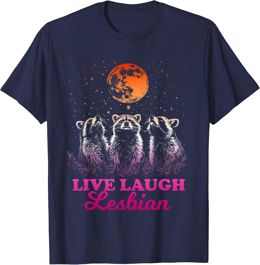 Funny Live Laugh Lesbian Raccoon Retro LGBTQ Pride Month T-Shirt - Navy Blue
