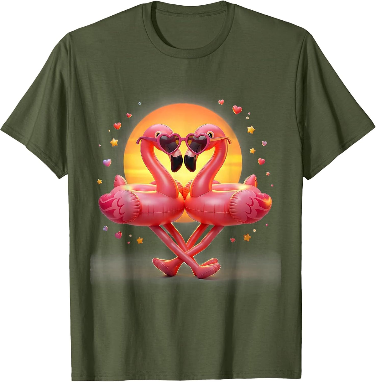Pink Flamingo Heart Sunglasses Summer Vacation Party T-Shirt - Olive Green