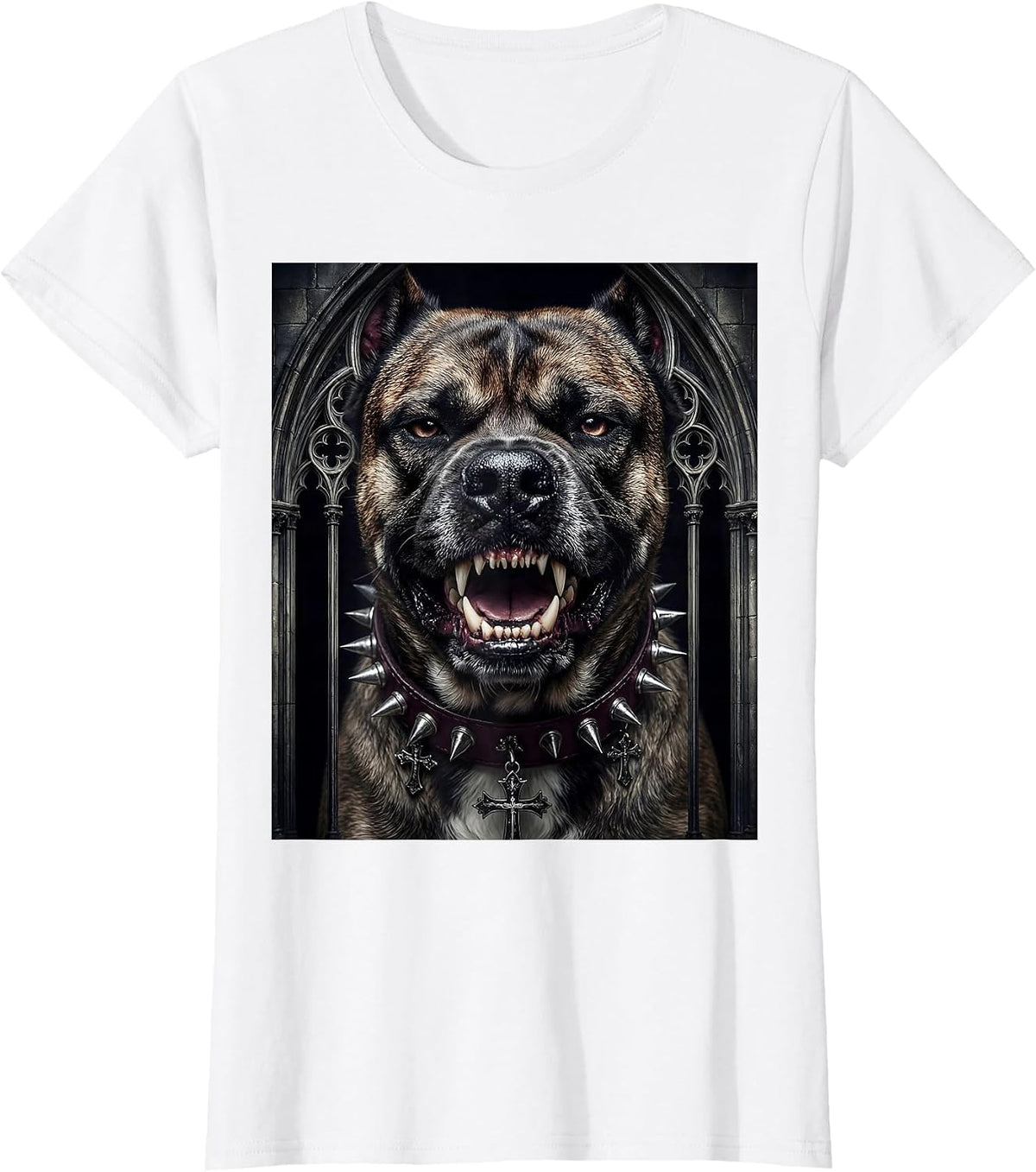 Snarling Punk Dog Studded Collar Graphic T-Shirt - White
