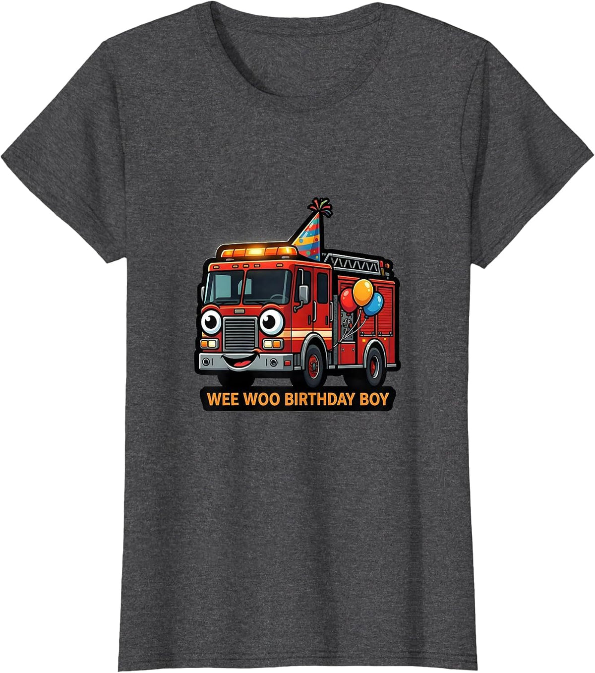 Women's Wee Woo Birthday Boy Funny Firefighter Fire Truck Fireman T-Shirt - Dark Heather Grey