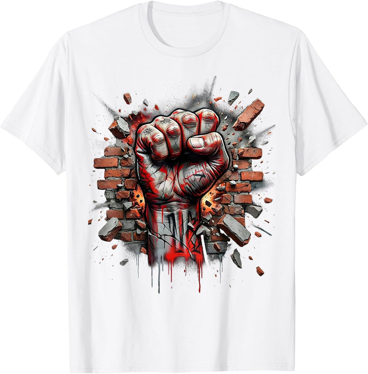 Punk Rock Fist Through Brick Wall Graphic Tee T-Shirt - White