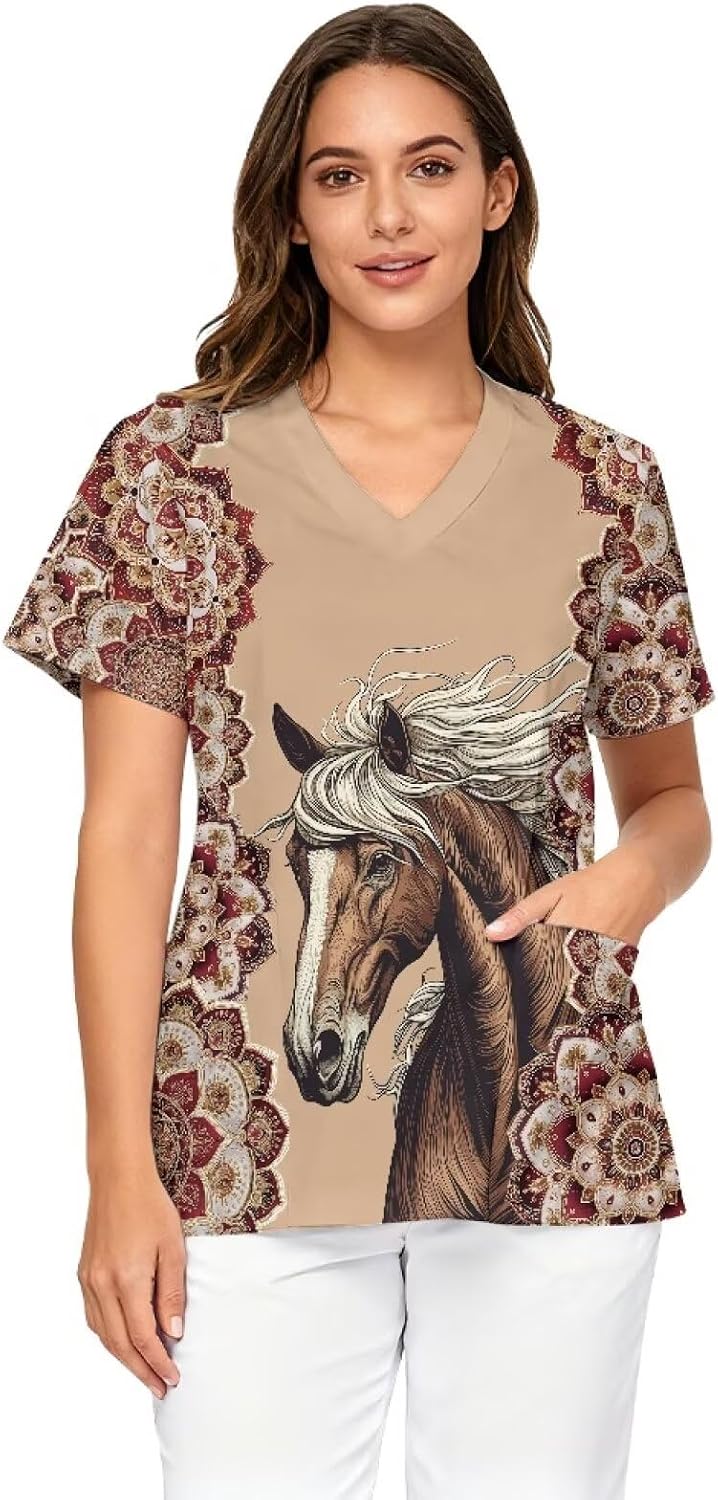 V-Neck Scrub Tops for Women, Soft Stretch Fabric & Short Sleeve Nurse Shirts with 2 Pockets - Brown - Horses & Vintage