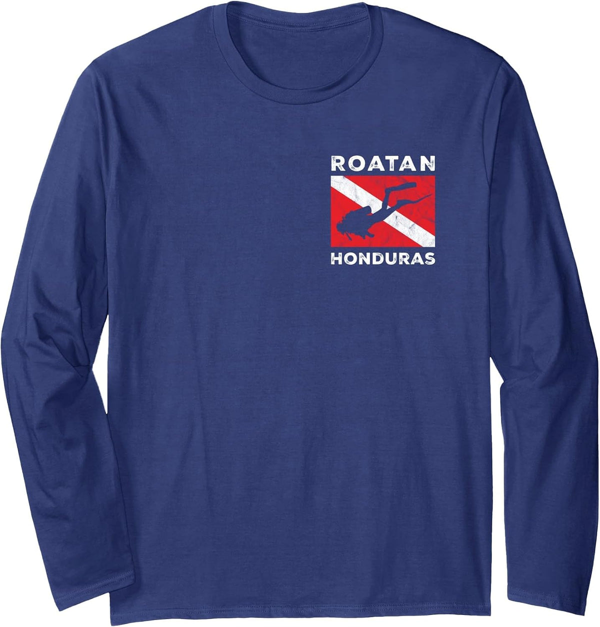 Retro Roatan Honduras Scuba Dive Vintage Dive Flag Diving Long Sleeve T-Shirt - Adult Unisex Navy Blue