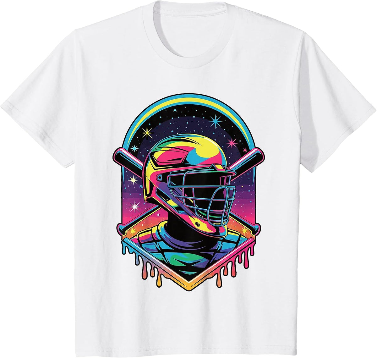Dripping Baseball Catcher Mask Baseball Vaporwave Bat T-Shirt - White