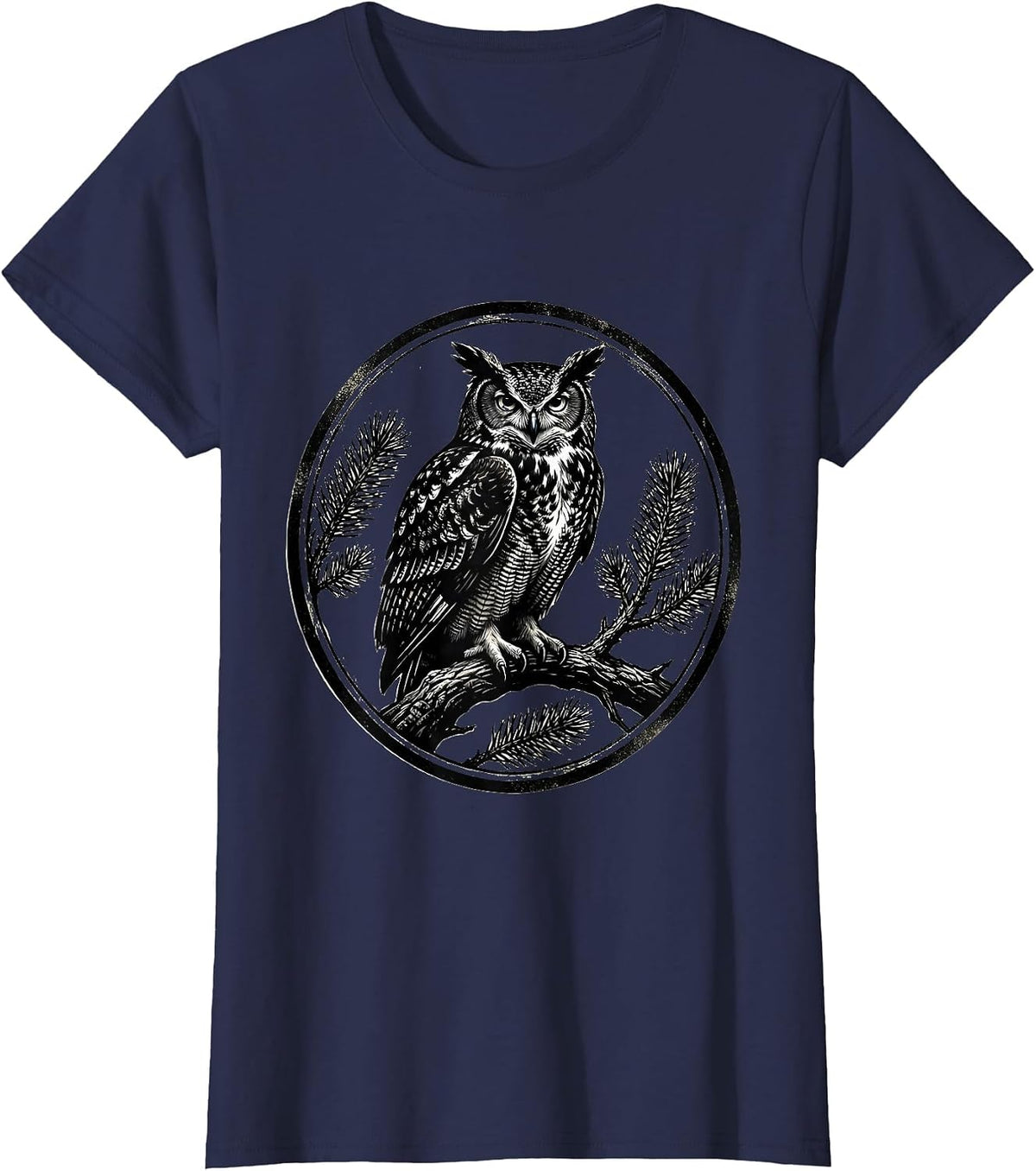 Women's Great Horned Owl Scratchboard Vintage Forest Wildlife Nature T-Shirt - Navy Blue