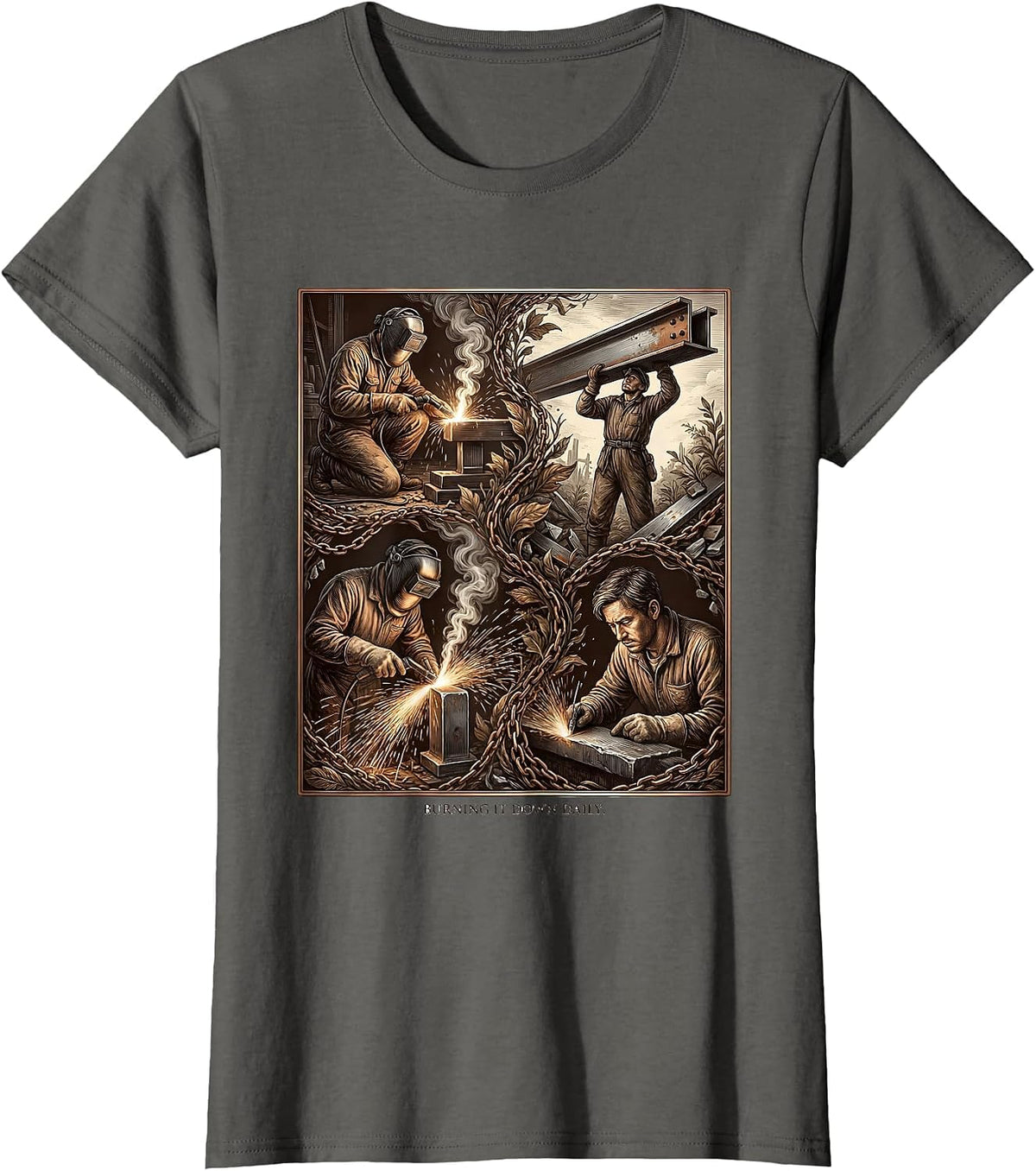 Women's Burning It Down Daily Welder Graphic Design T-Shirt - Asphalt Grey