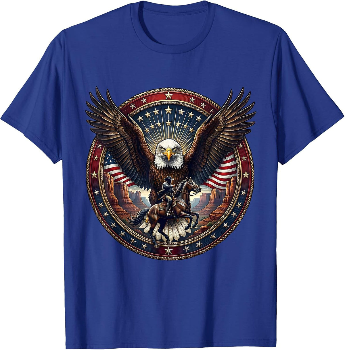 Cowboy Riding Through Canyon Dust Western Art T-Shirt - Royal Blue