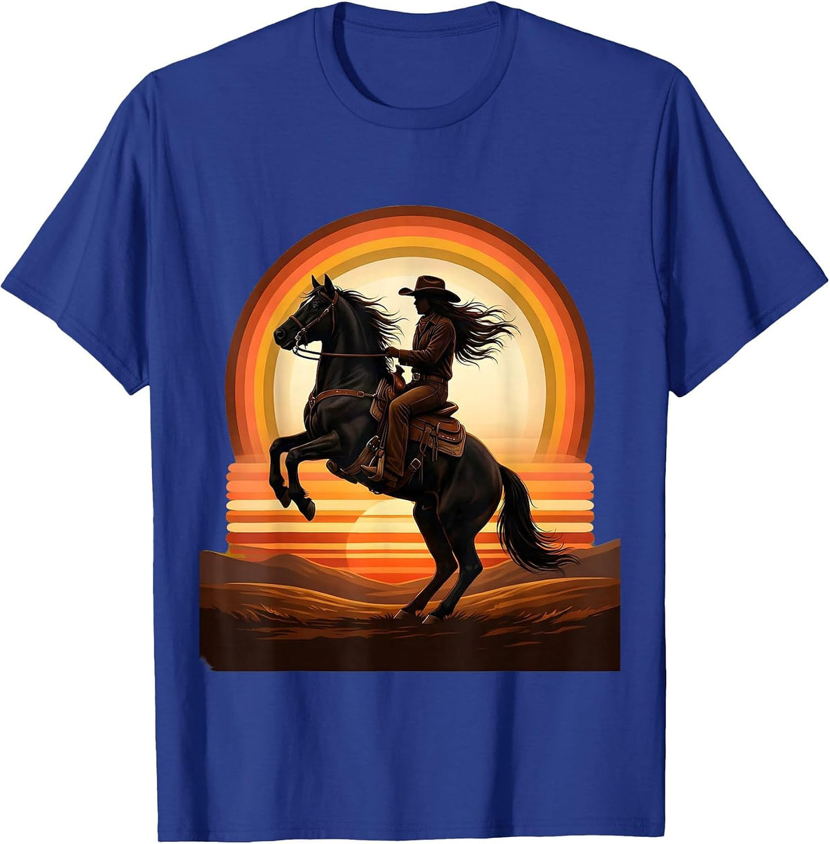 Black Cowgirl Rearing Horse Dusk Western Art T-Shirt - Royal Blue