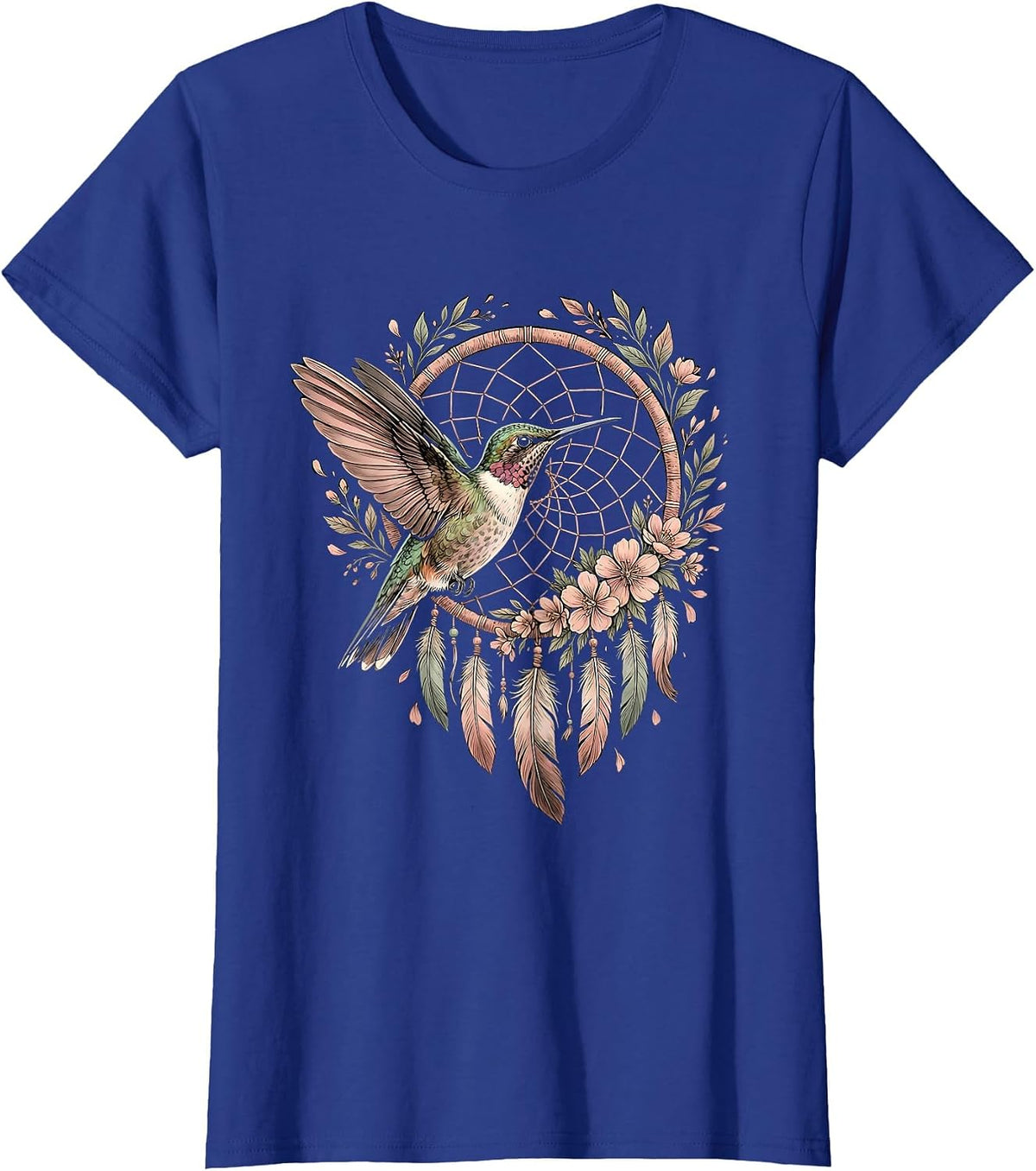 Women's Hummingbird Floral Dreamcatcher Boho Summer Design T-Shirt - Royal Blue
