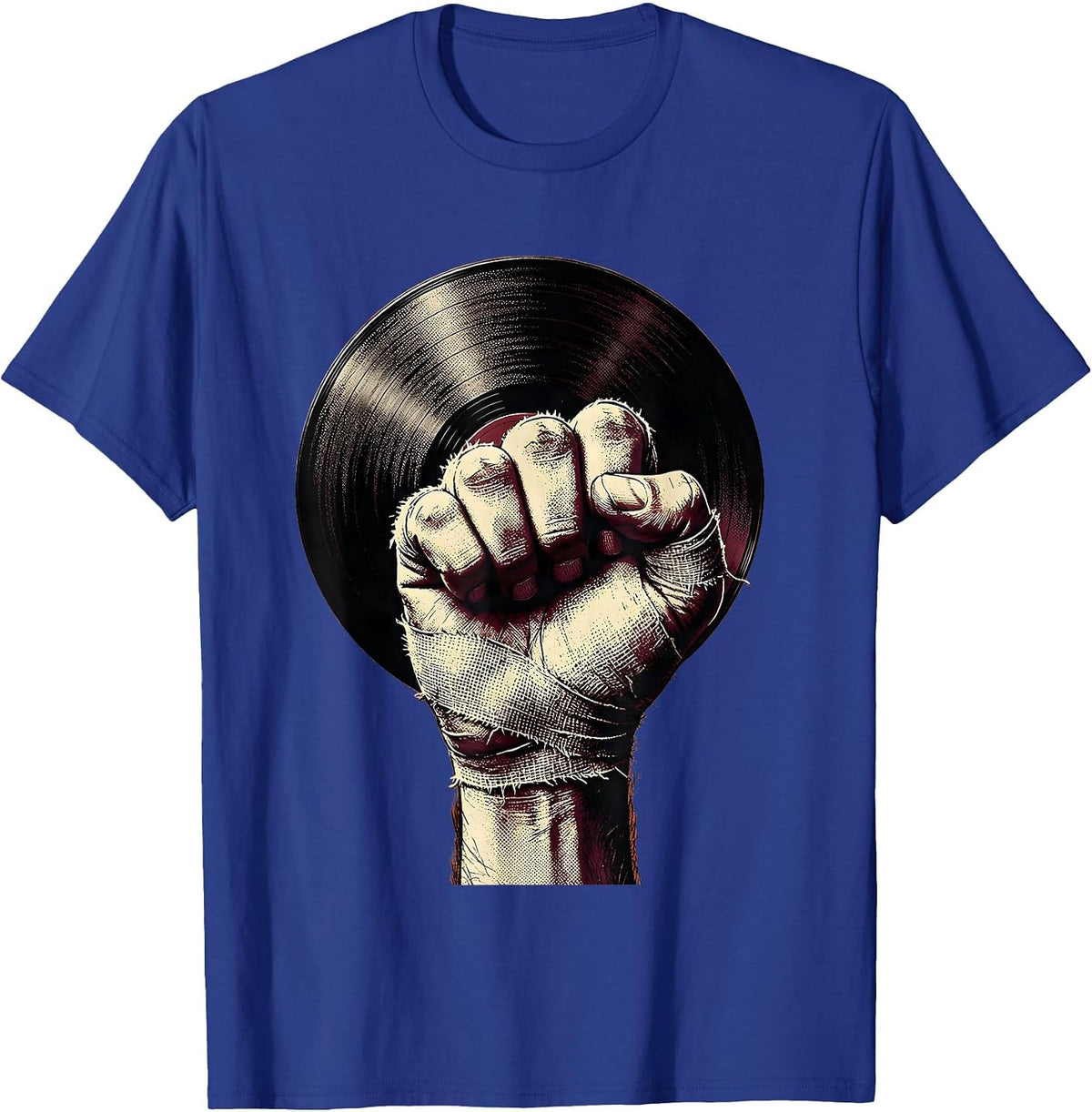 Grunge Bandaged Knuckles Vinyl Record Art T-Shirt - Royal Blue