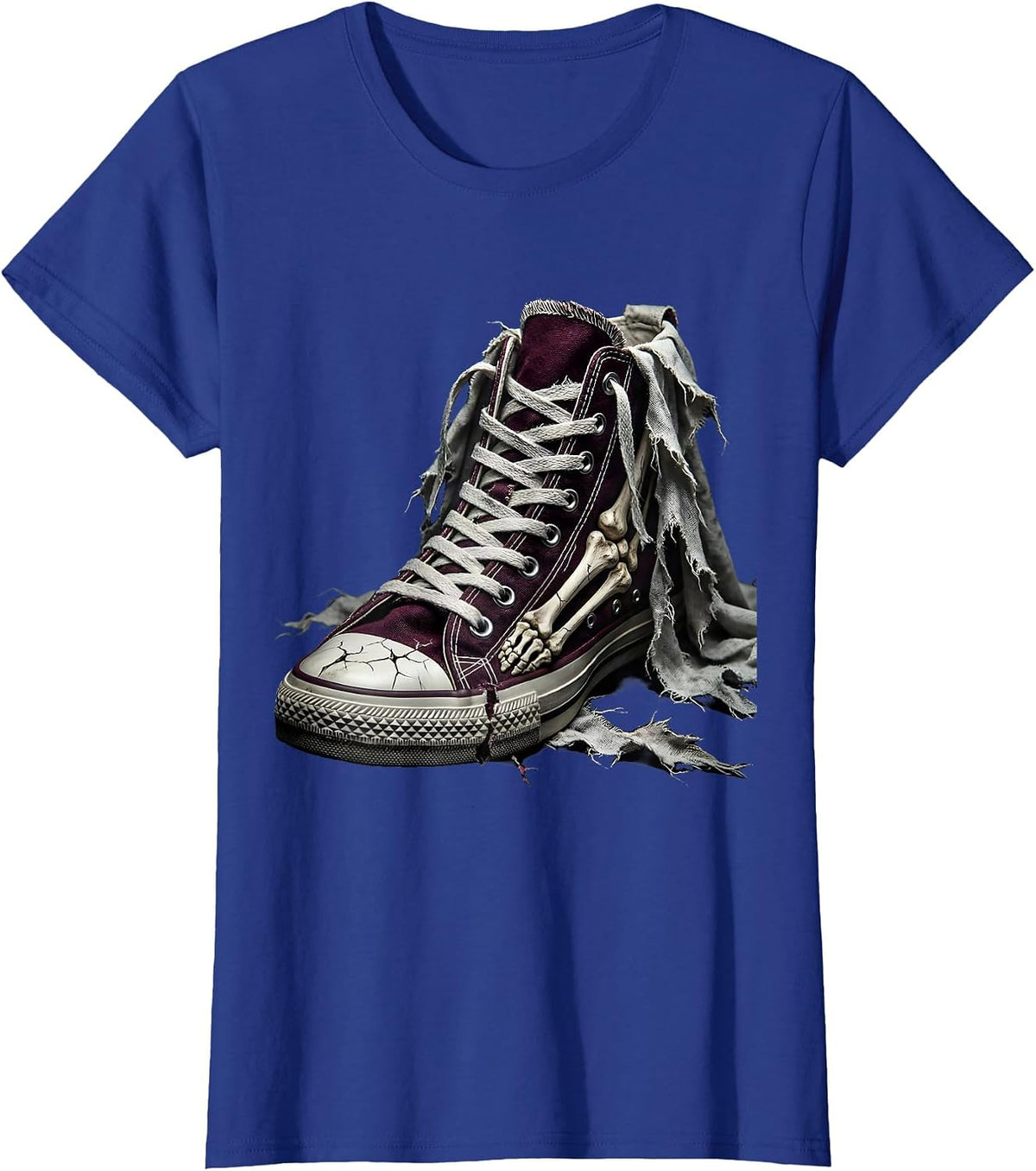 Women's Punk Ripped Sneaker Exposed Toe Bones Graphic T-Shirt - Royal Blue