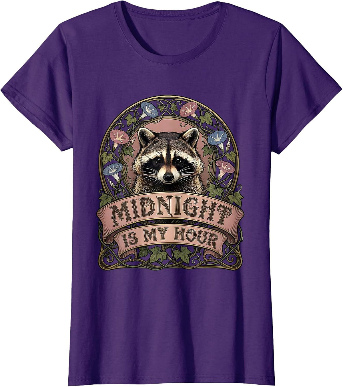 Women's Midnight Is My Hour Raccoon Night Owl Design T-Shirt - Purple
