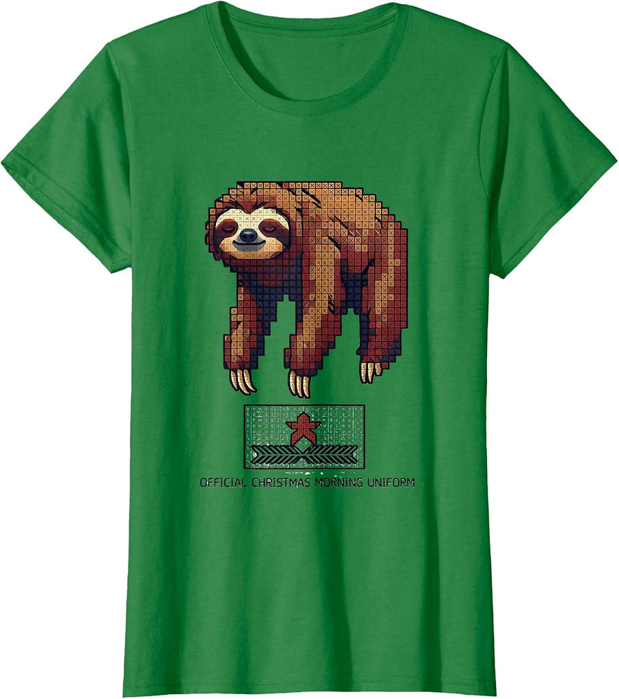 Women's Official Christmas Morning Uniform Funny Sloth Lover Ugly T-Shirt - Kelly Green
