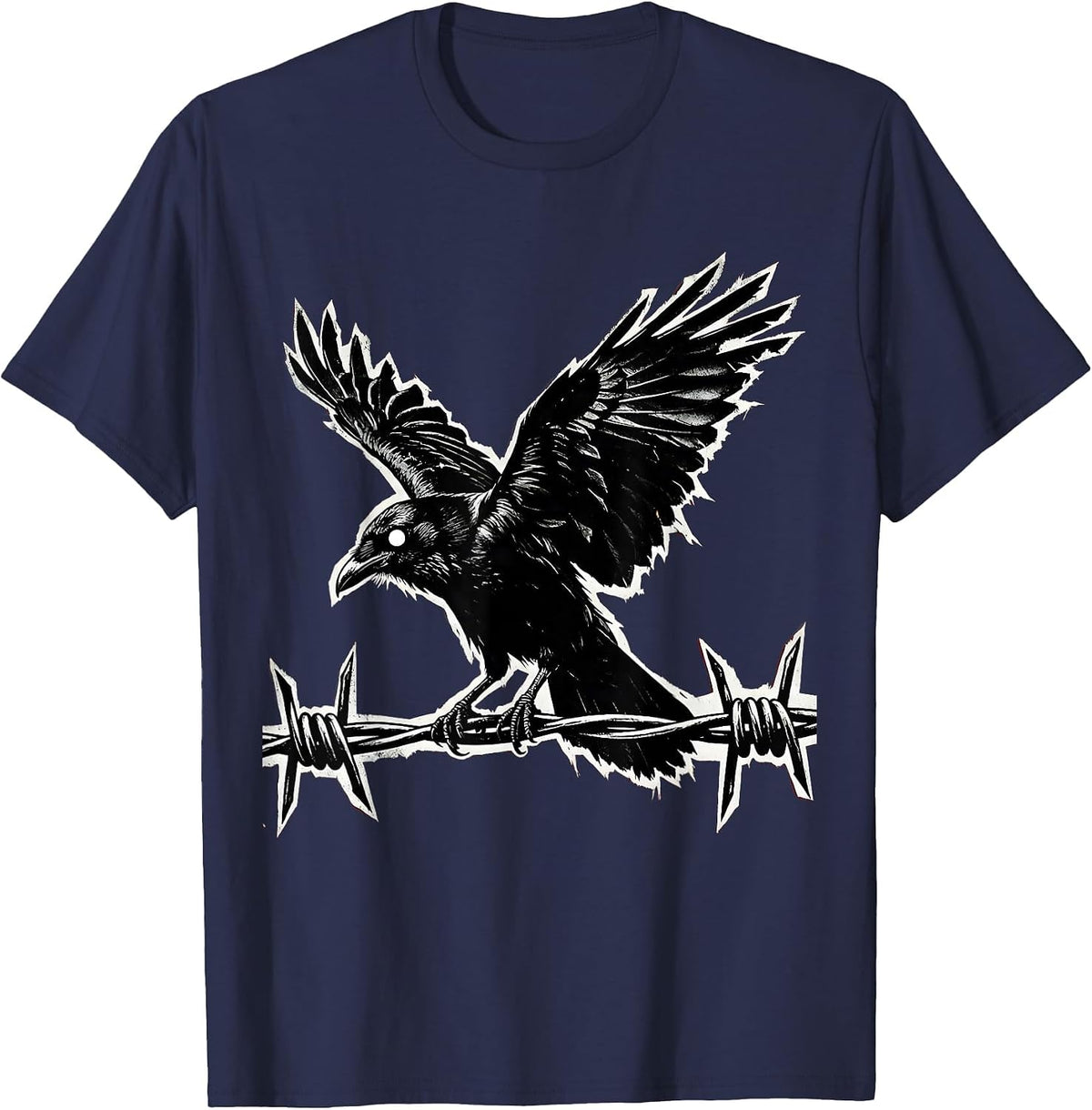 Grunge Crow on Barbed Wire Fence Illustration T-Shirt - Navy Blue