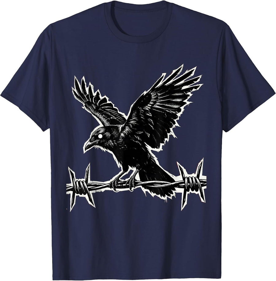 Grunge Crow on Barbed Wire Fence Illustration T-Shirt - Navy Blue