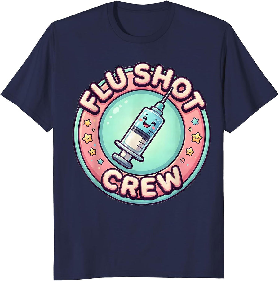 Flu Shot Crew Cute Nurse Doctor Funny Vaccinated Humor T-Shirt - Navy Blue