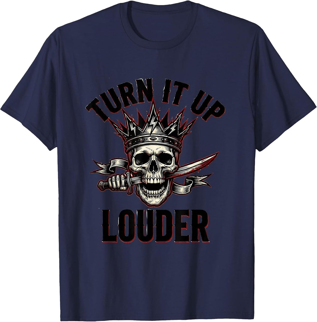 Turn It Up Louder Heavy Metal Graphic Design T-Shirt - Navy Blue