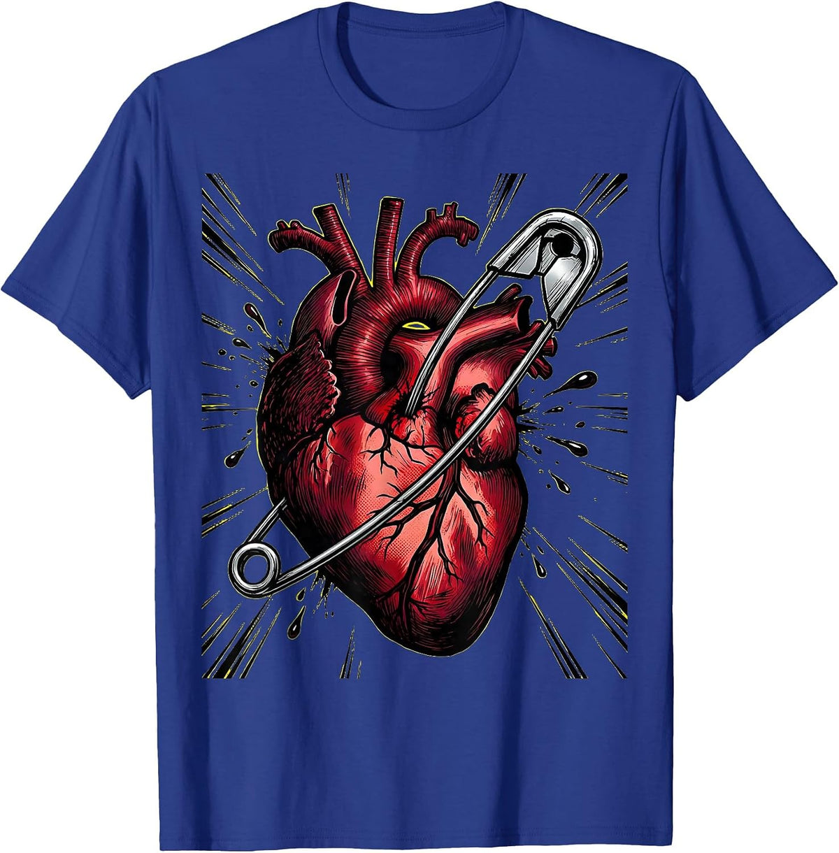 Punk Rock Safety Pin Heart Graphic Tee T-Shirt - Royal Blue