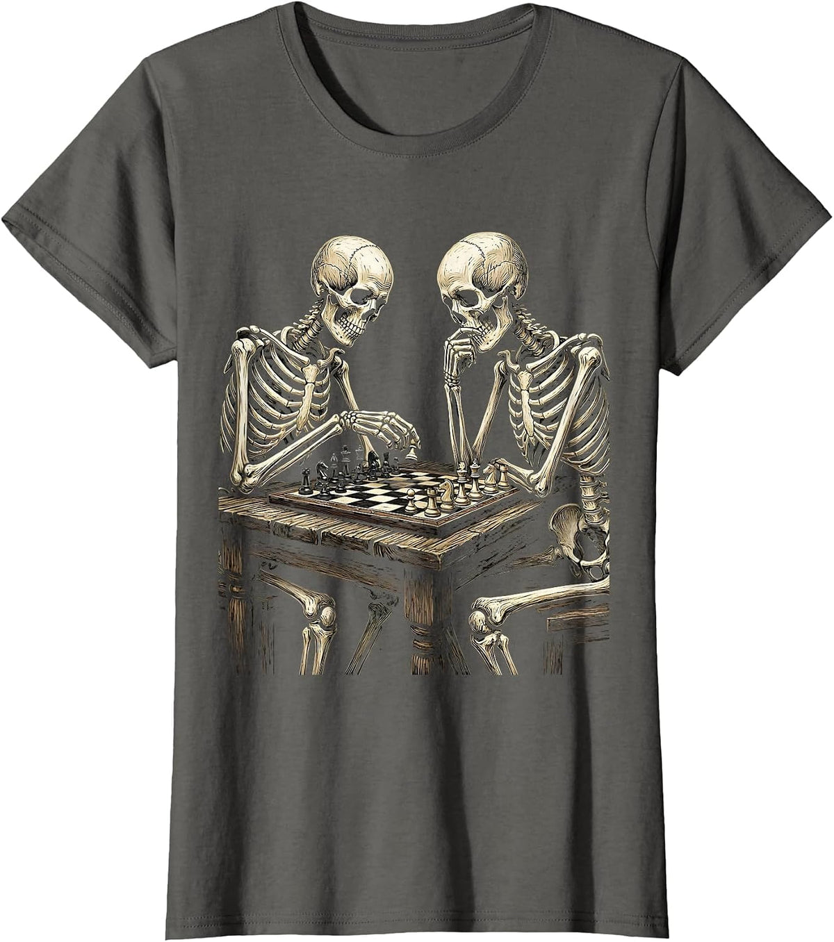 Women's Skeleton Chess Match Funny Halloween Design T-Shirt - Asphalt Grey