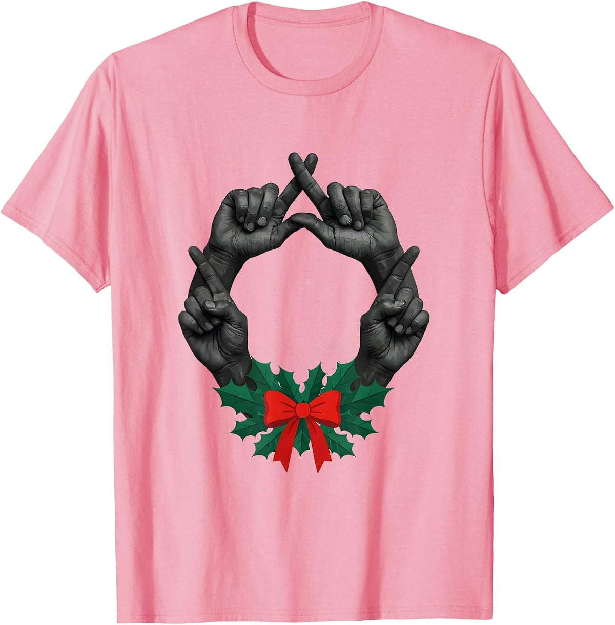 Men's Interlocked Hands Holiday Wreath Rock Metal Guitarist T-Shirt - Pink