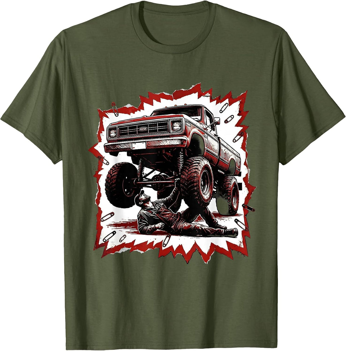 Mechanic Silhouette Under Raised Classic Truck T-Shirt - Olive Green