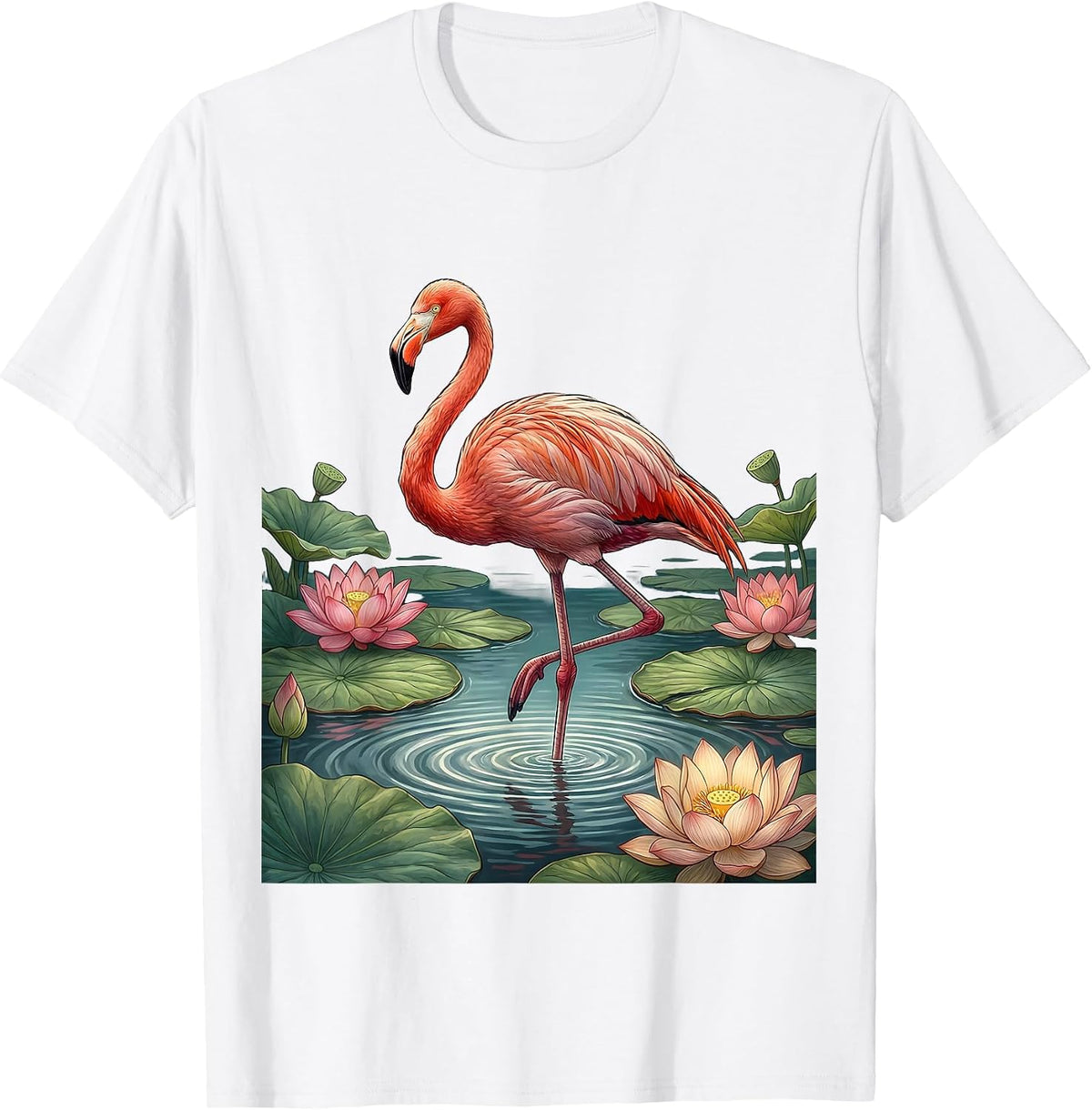 Men's Flamingo in Pink Lily Pond Illustration T-Shirt - White