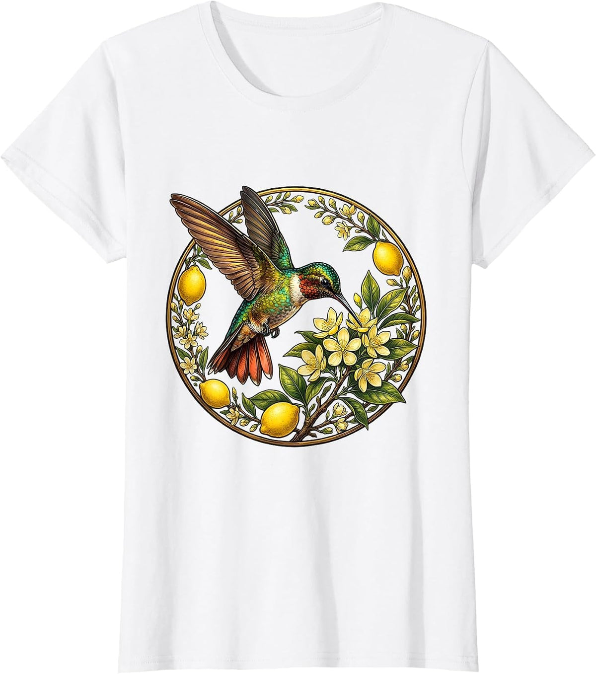 Hummingbird and Lemon Blossom Nature Design T-Shirt - White