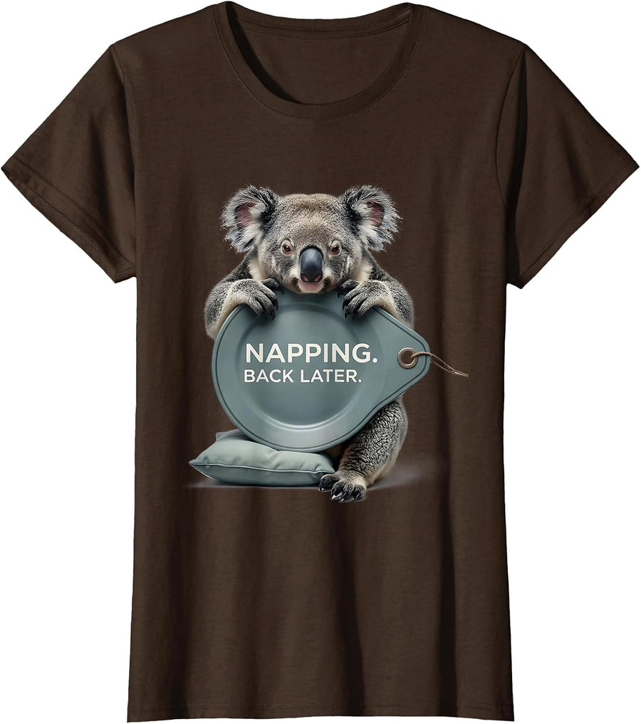 Women's Napping. Back Later Funny Koala Animal Official Sleepshirt T-Shirt - Brown