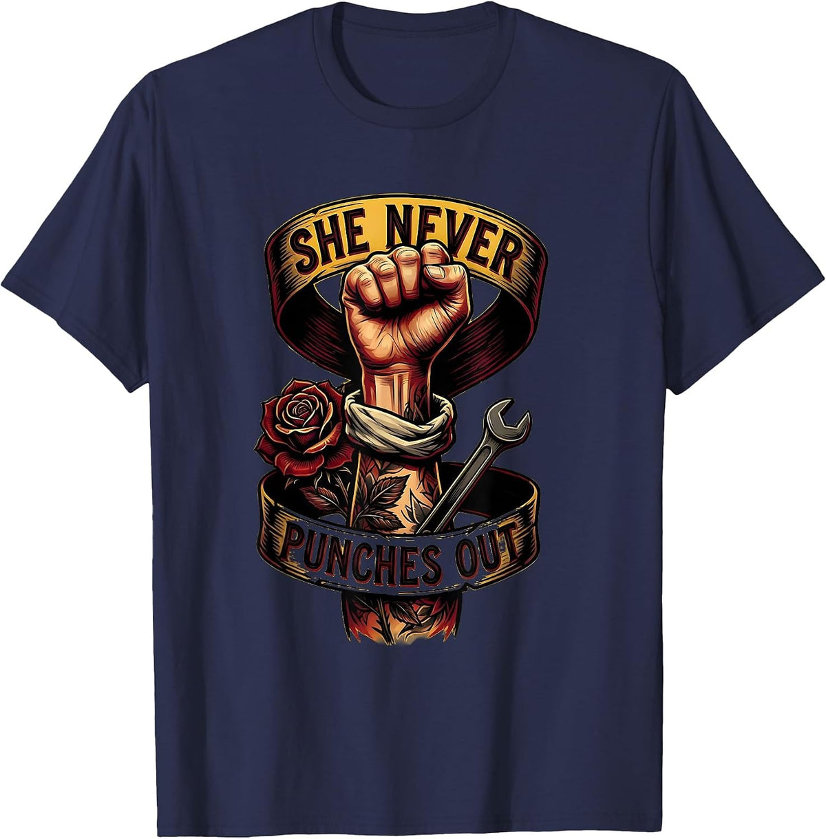 She Never Punches Out Labor Day Tribute Design T-Shirt - Navy Blue