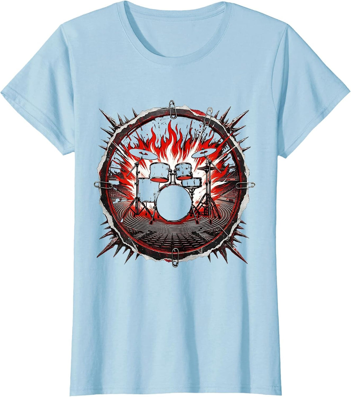 Flaming Drum Kit Empty Arena Rock Band Graphic T-Shirt - Baby Blue