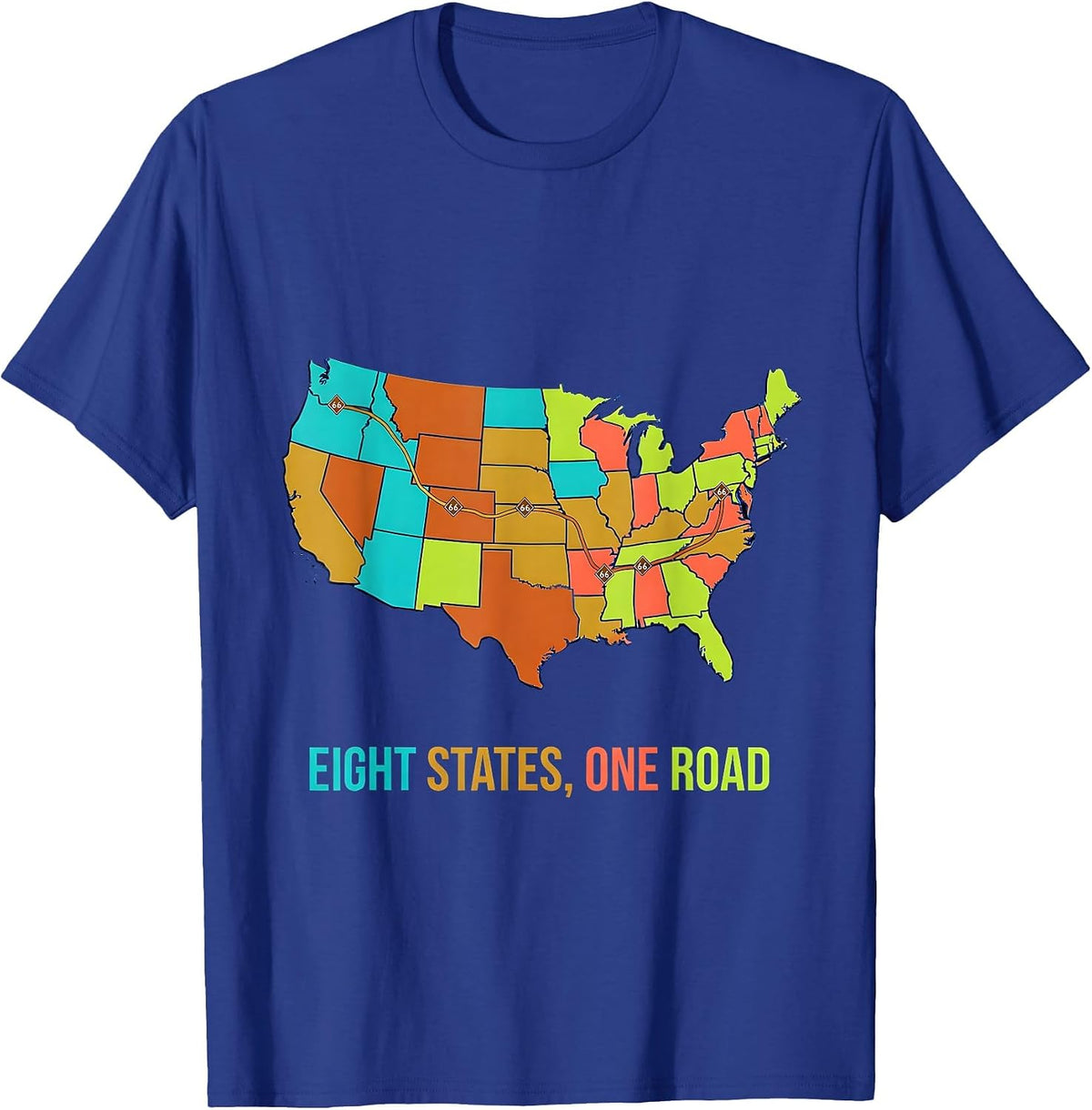 Eight States, One Road Route 66 Design T-Shirt - Royal Blue