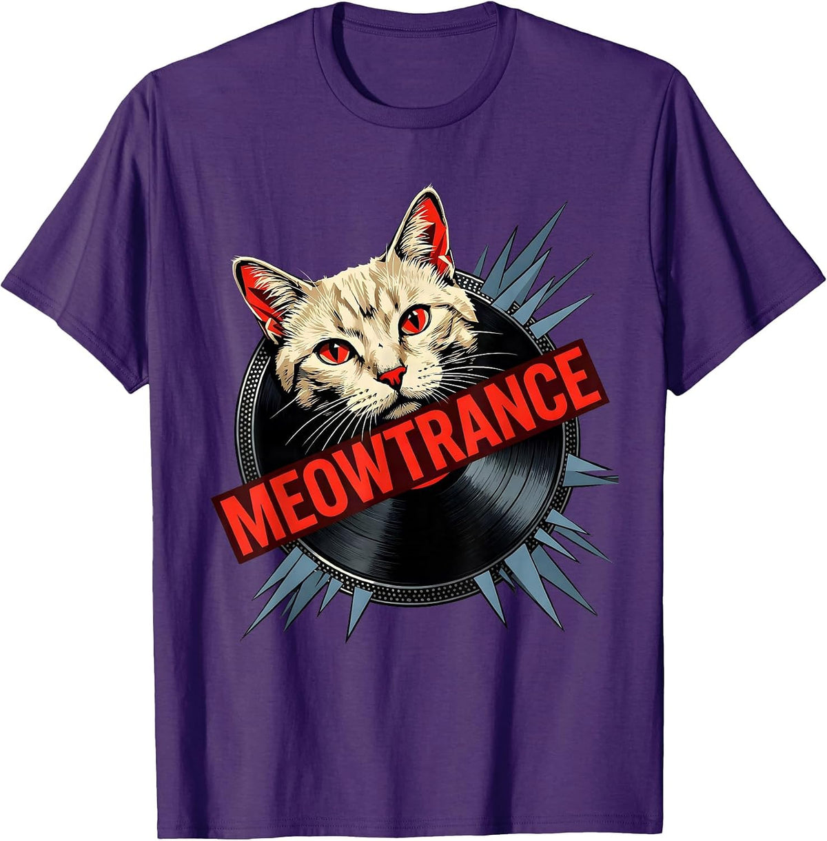 Men's Meowtrance Constructivist Cat DJ Punk Metal Rock Humor T-Shirt - Purple