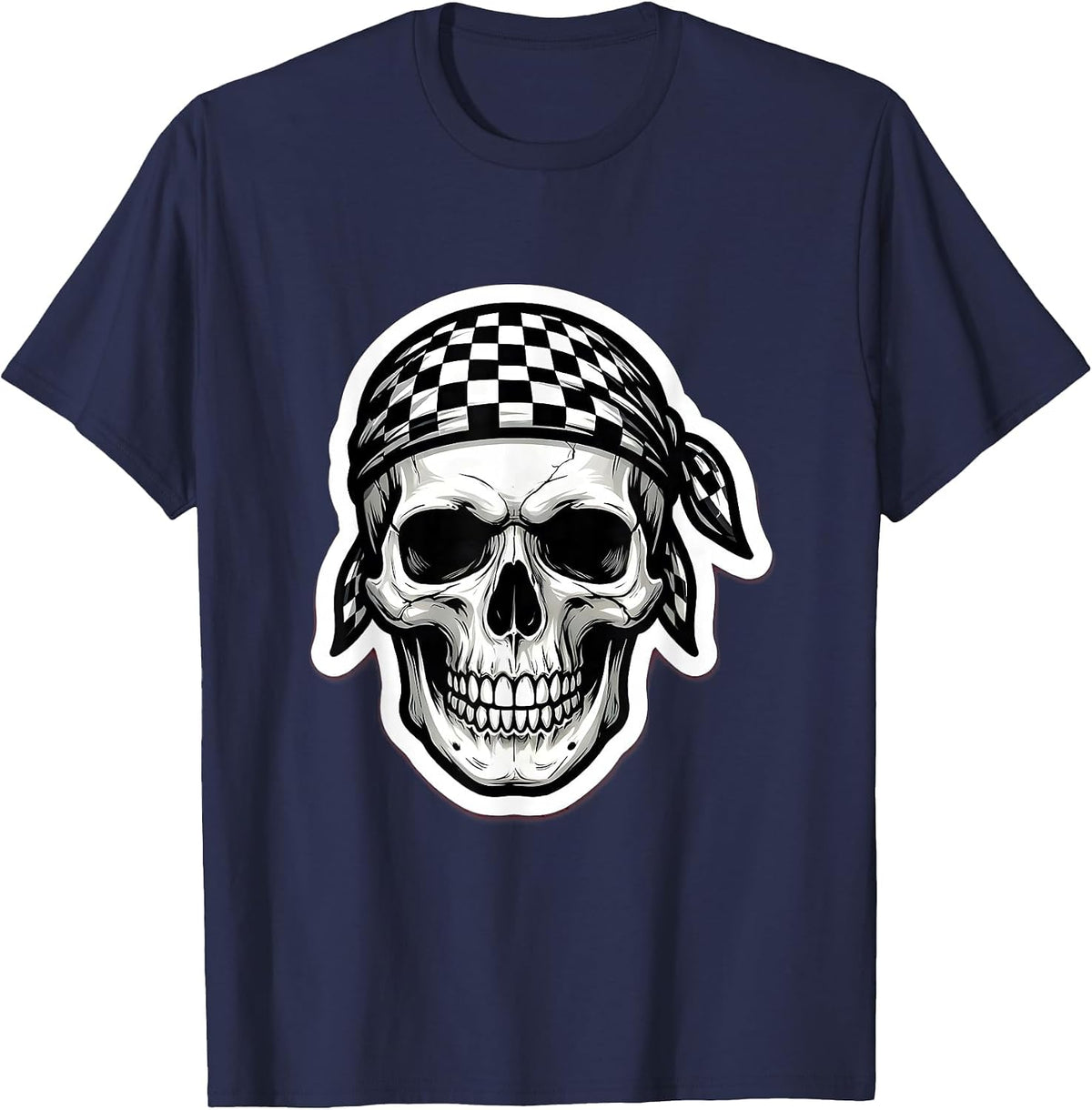 Skull Checkered Bandana Graphic Design T-Shirt - Navy Blue