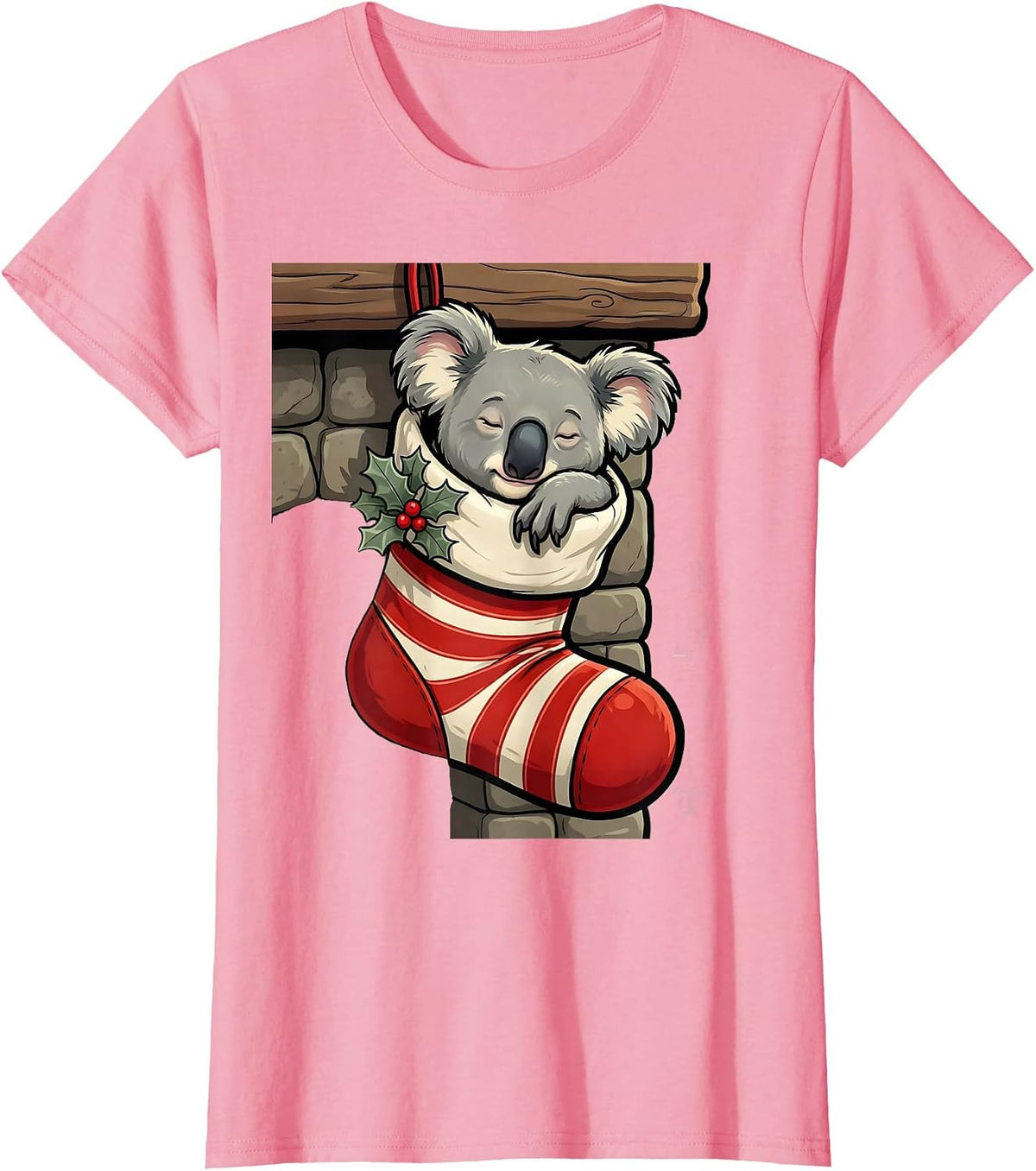 Women's Koala In Christmas Stocking Cartoon Funny Novelty T-Shirt - Pink